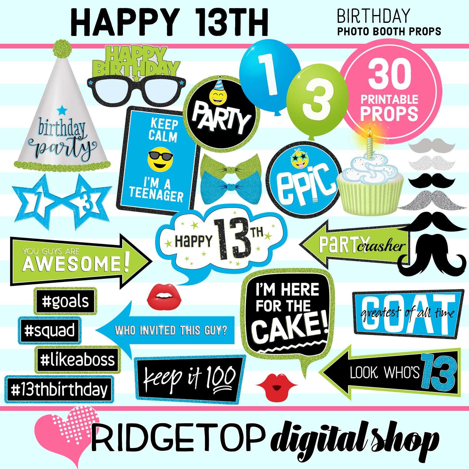 13th Birthday Photo Booth Props Printable Ridgetop Digital Shop - Free Printable 30Th Birthday Photo Booth Props