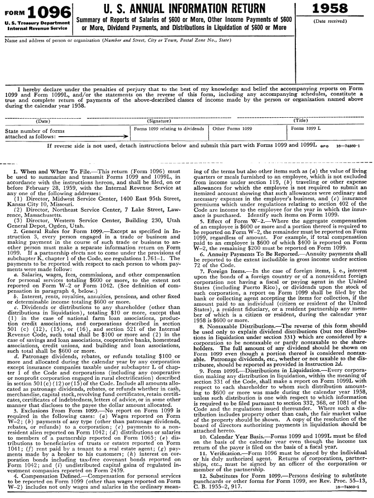 1958 Form IRS 1096 Fill Online Printable Fillable Blank PdfFiller - Free Printable 1096 Form 2015