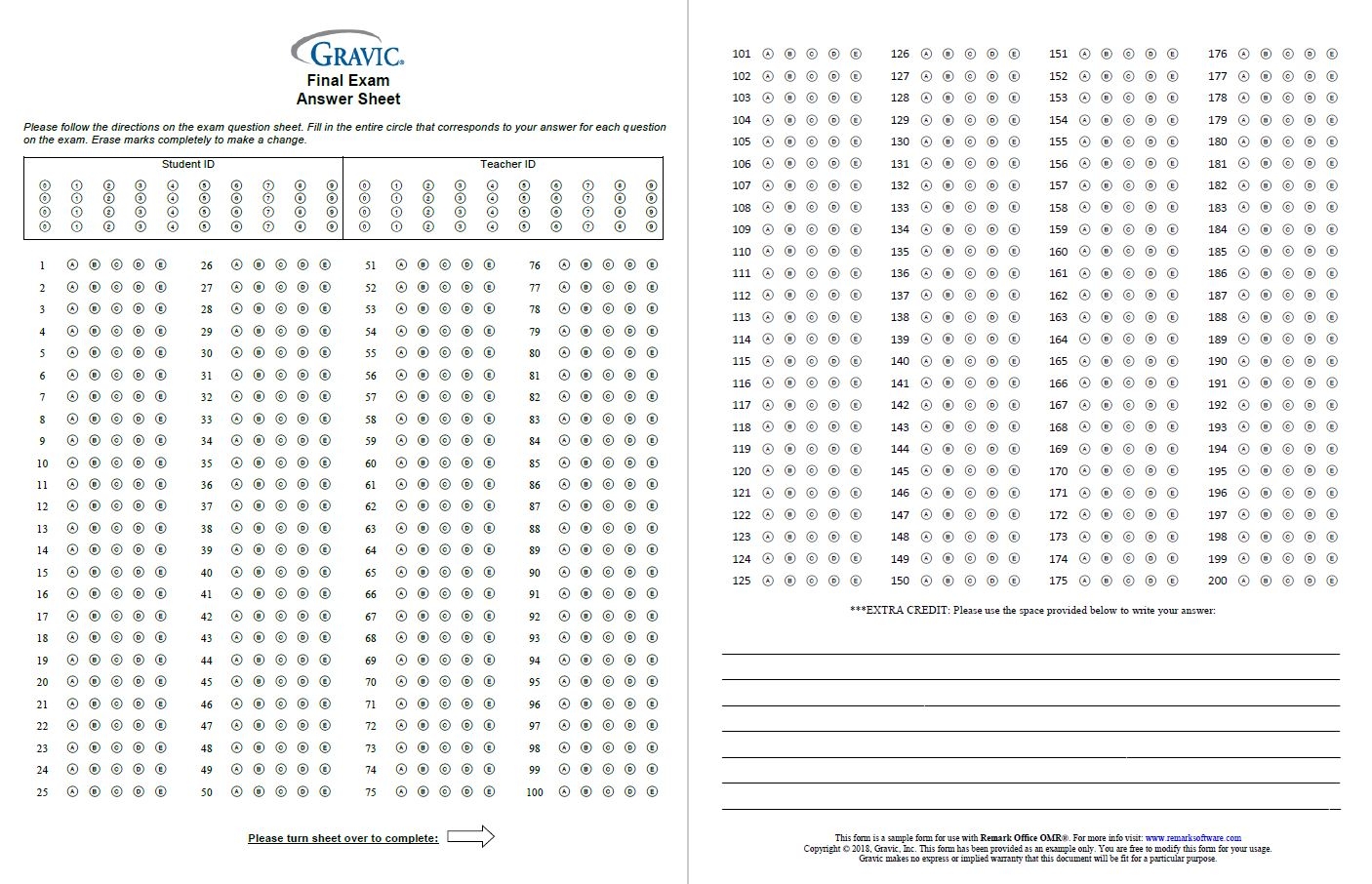 200 Question Test Answer Sheet With Extra Credit And Grid ID Remark Software - Free Printable Bubble Answer Sheets