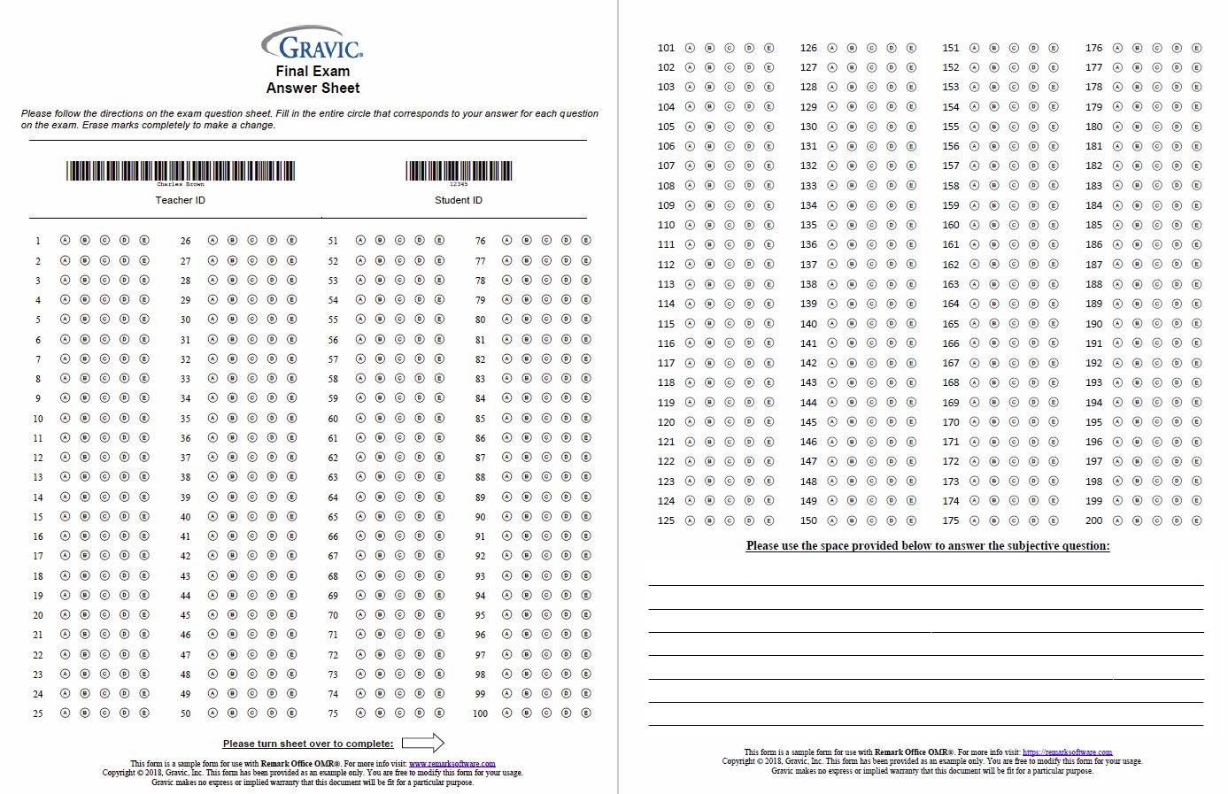 200 Question Test Answer Sheet With Subjective Question Remark Software - Free Printable Bubble Answer Sheets