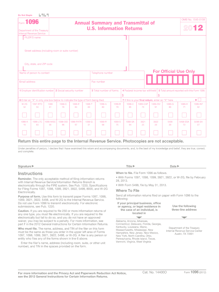 2012 Form IRS 1096 Fill Online Printable Fillable Blank PdfFiller - Free Printable 1096 Form 2015