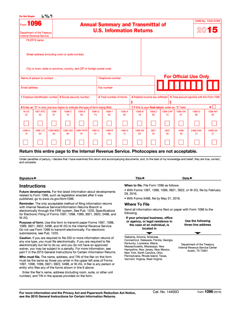 2015 Form IRS 1096 Fill Online Printable Fillable Blank PdfFiller - Free Printable 1096 Form 2015