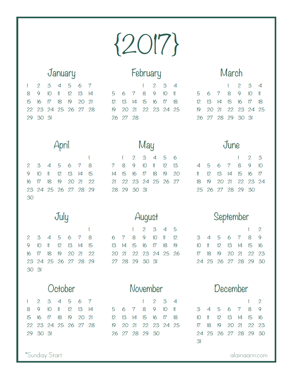 2017 Year at a Glance Calendar Printable Alaina Ann - Free Printable Agenda 2017
