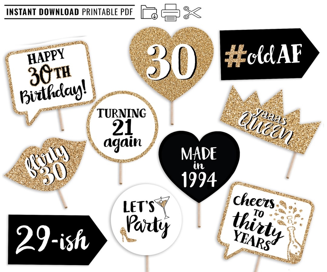 30th Birthday Printable Photo Booth Props Gold Black And White 10 Signs Flirty Thirty Party Etsy - Free Printable 30Th Birthday Photo Booth Props