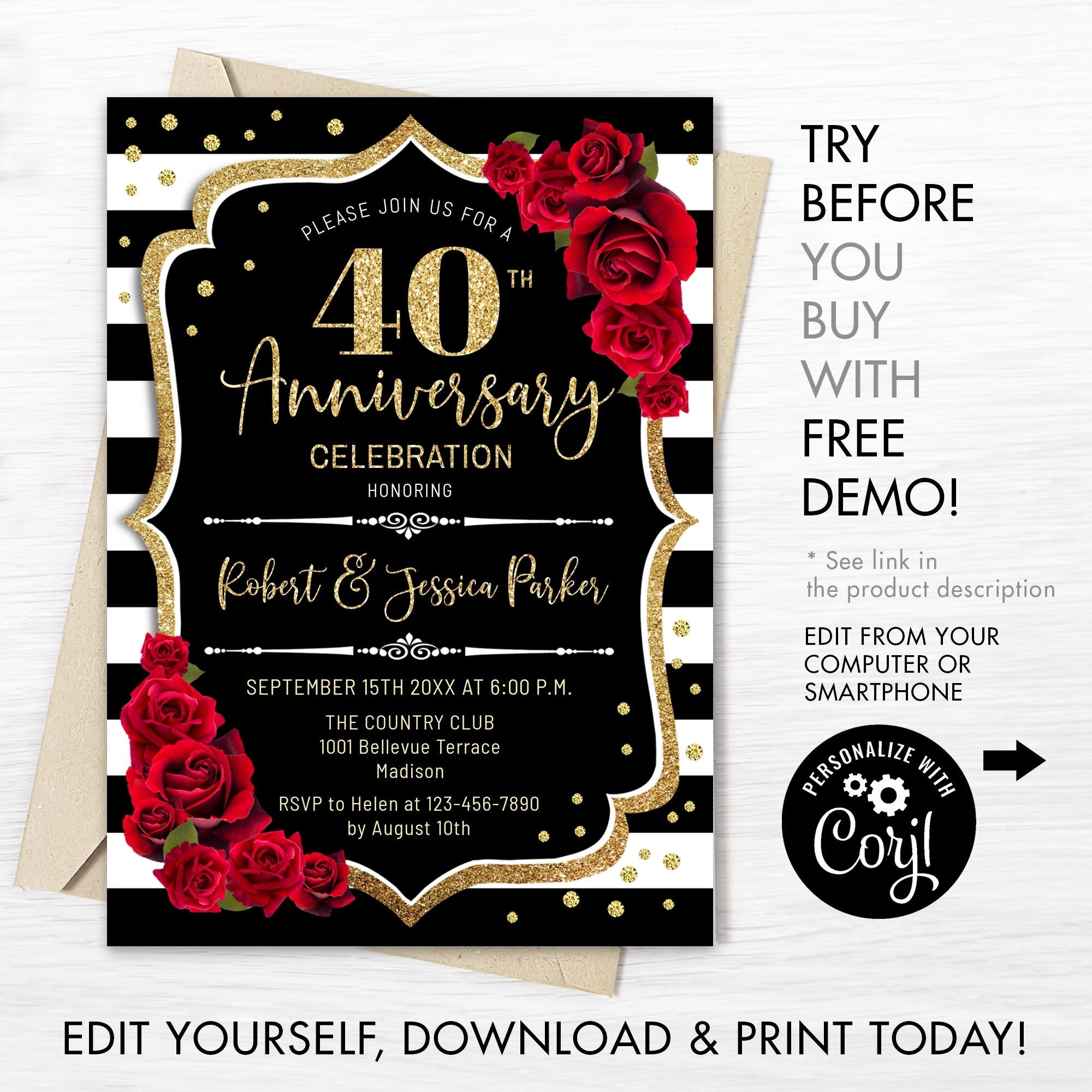 40th Wedding Anniversary Invitation INSTANT DOWNLOAD Digital Template ANY Year Black White Stripes Floral Glitter Gold Red Roses Invite Etsy - Free Printable 40Th Anniversary Invitations