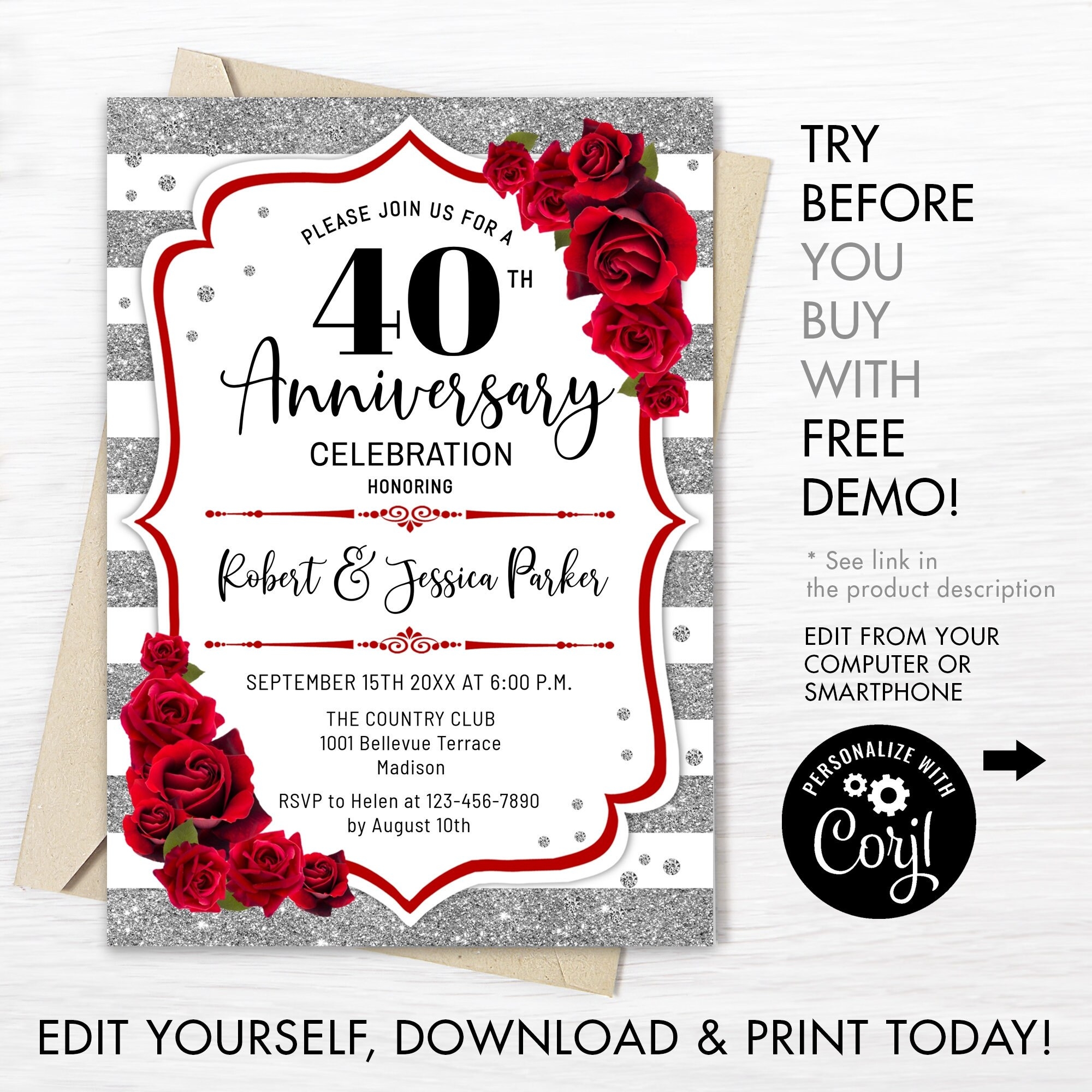 40th Wedding Anniversary Invitation INSTANT DOWNLOAD Digital Template ANY Year Stripes Floral Glitter Silver Red Roses Invite Etsy - Free Printable 40Th Anniversary Invitations