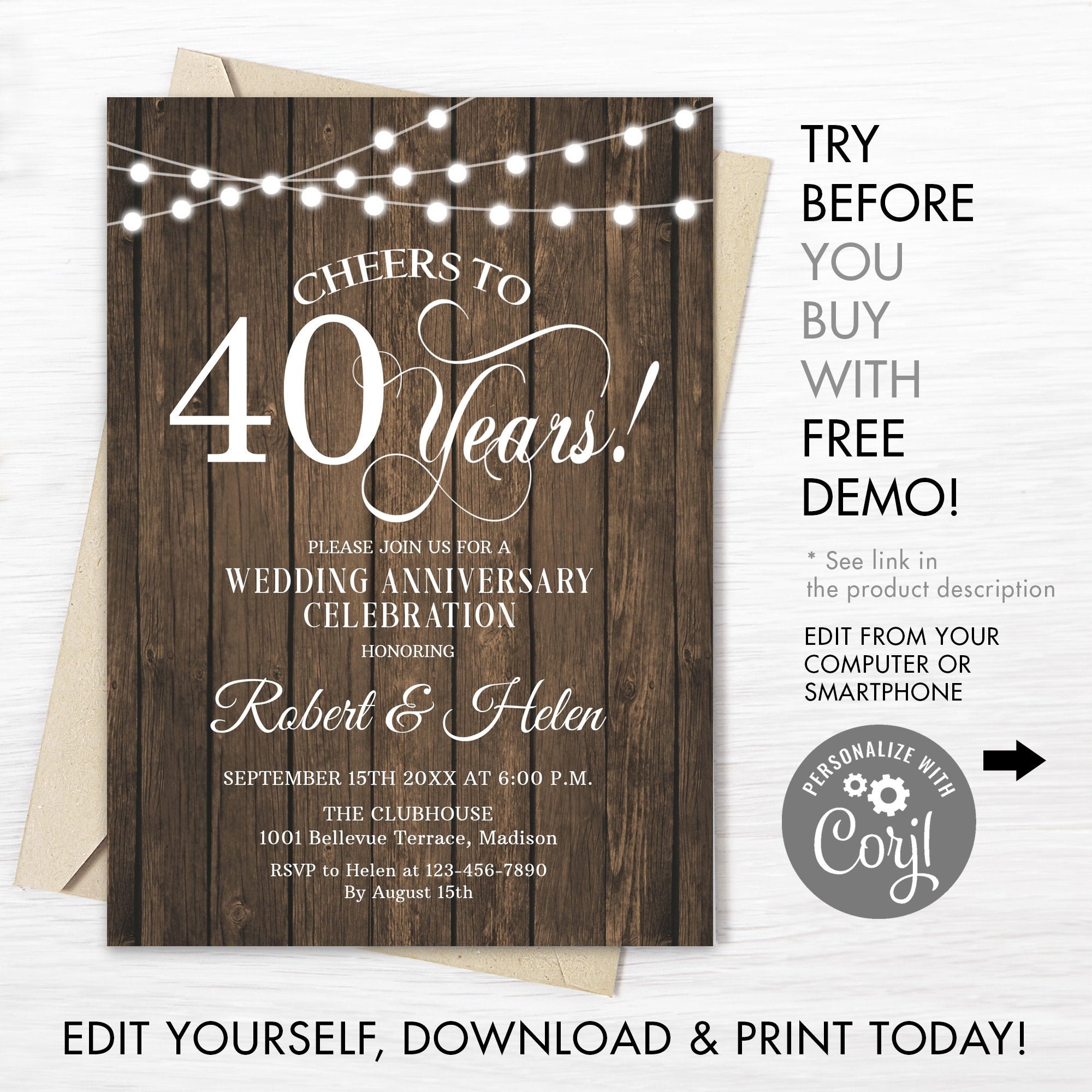 40th Wedding Anniversary Party Invitation INSTANT DOWNLOAD Editable Digital Template Any Years Of Marriage Rustic Wood White DIY Etsy - Free Printable 40Th Anniversary Invitations