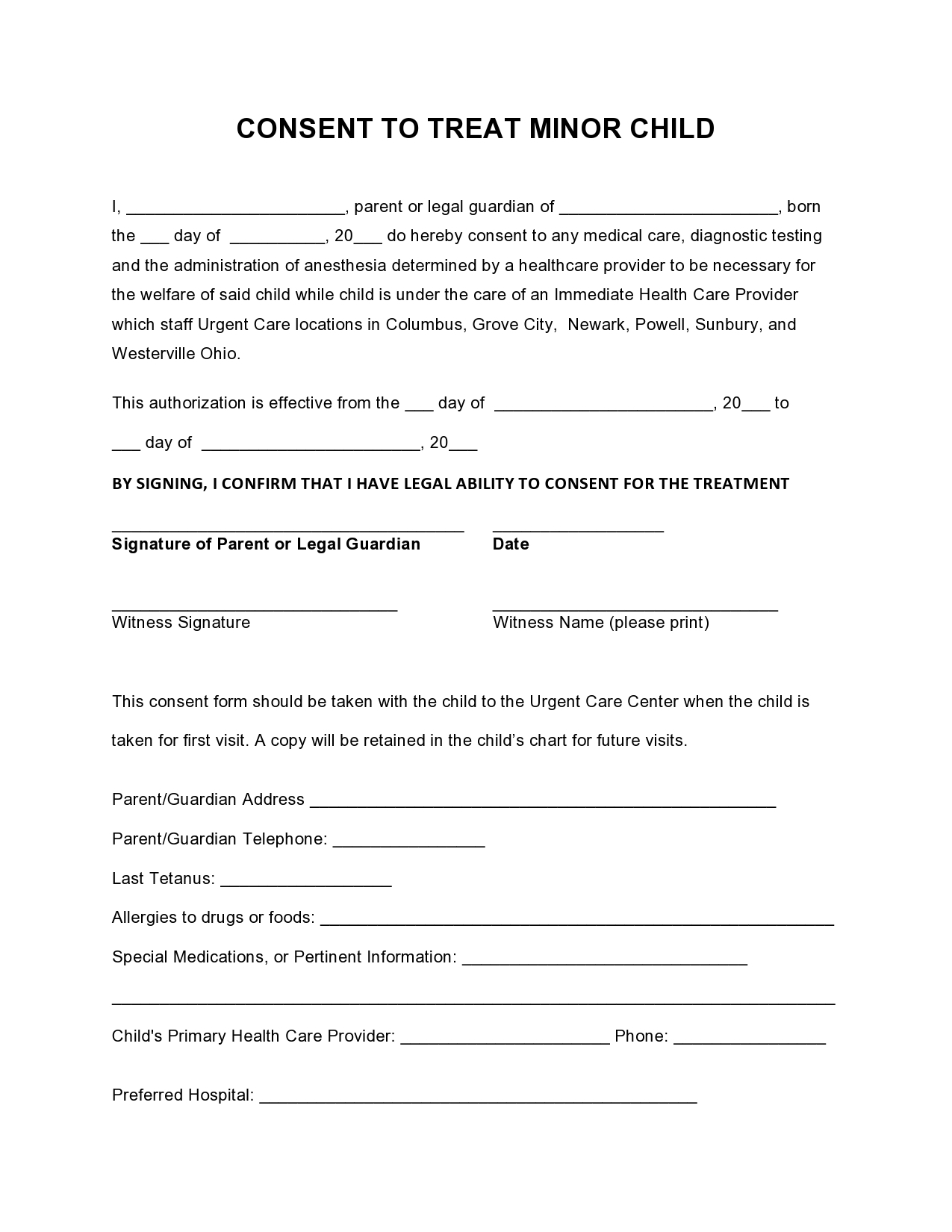 43 Printable Medical Consent Forms For Minor Free - Free Printable Child Medical Consent Form