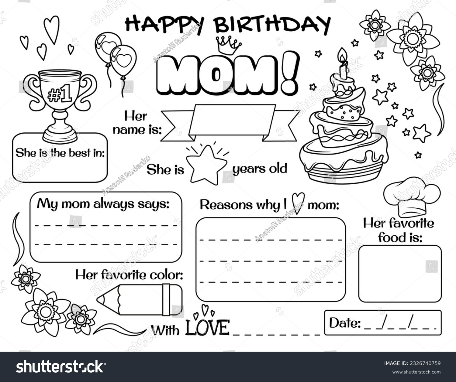 48 Printable Coloring Birthday Cards Mom Images Stock Photos 3D Objects Vectors Shutterstock - Free Printable Birthday Cards For Mom