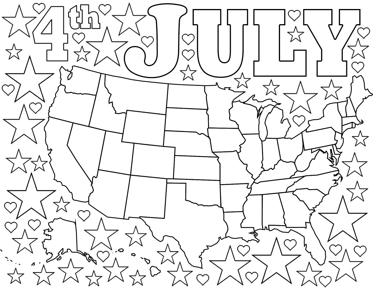4th July Coloring Page Map Of USA With Stars And Hearts Rooftop Post Printables - Free Printable 4th of July Coloring Pages