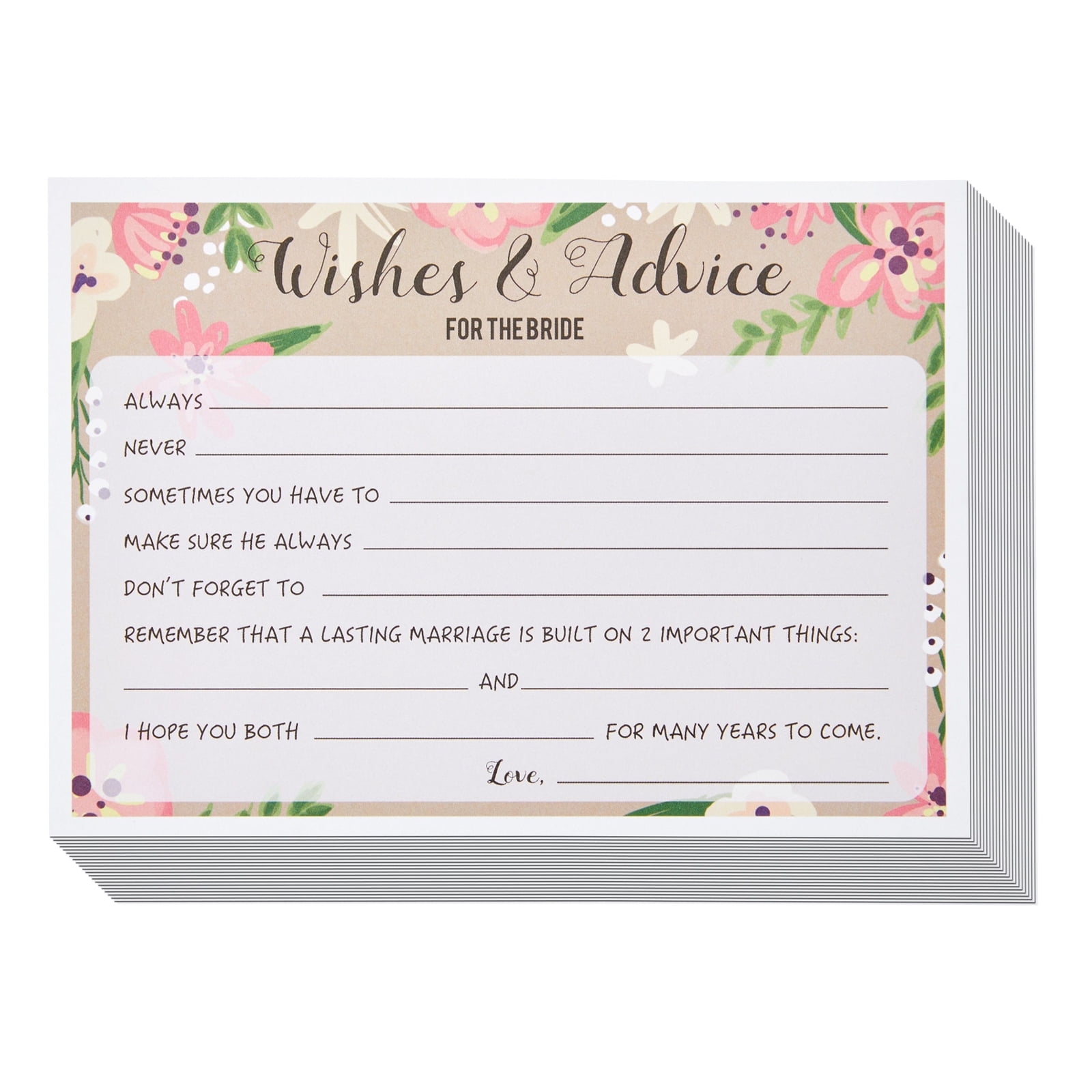 50 Pack Floral Wedding Advice Cards For Bride Bridal Shower Games 5x7 In Walmart - Free Printable Bridal Shower Advice Cards