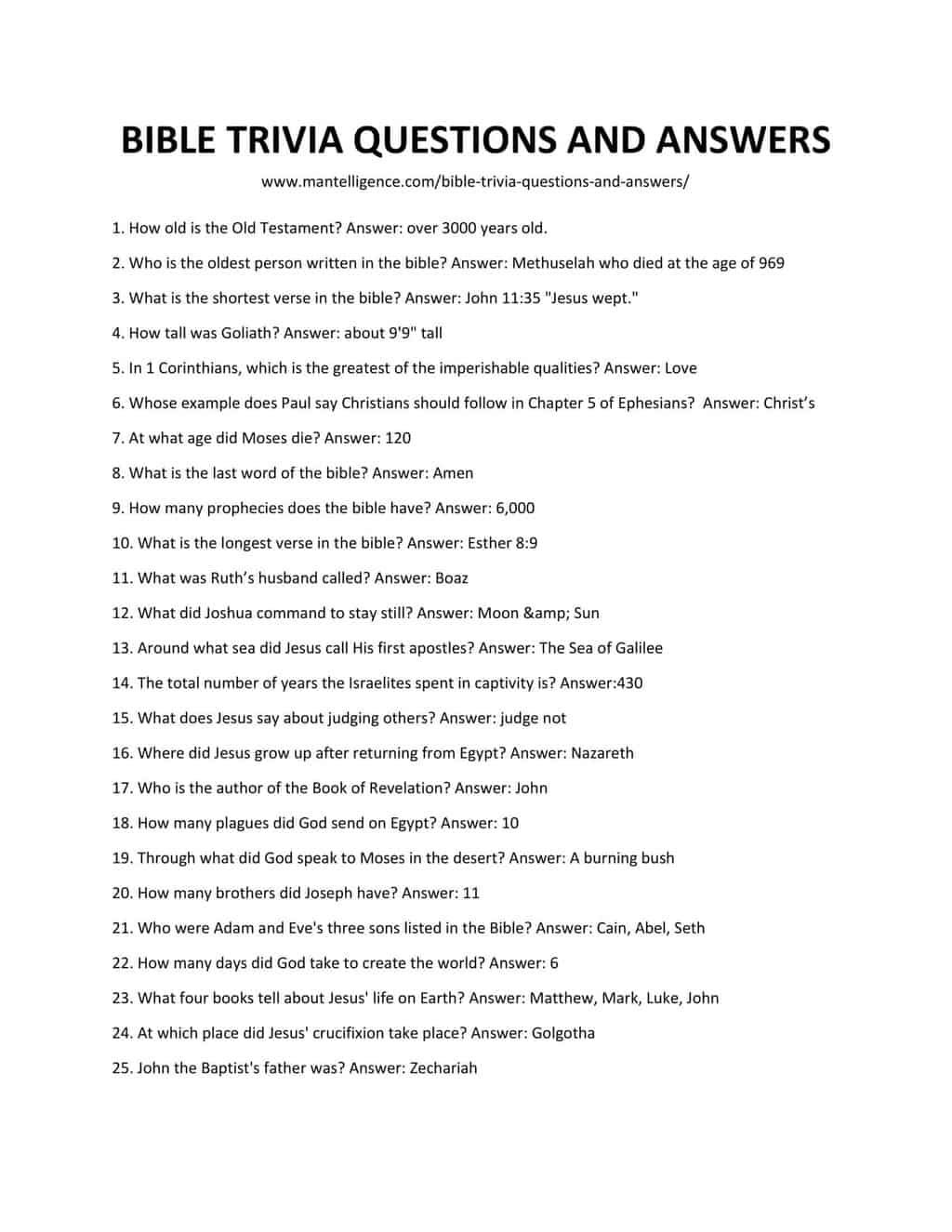 53 Bible Trivia Questions Answers Easy To Hard Bible Facts Bible Quiz Questions Bible Quiz - Free Bible Questions and Answers Printable