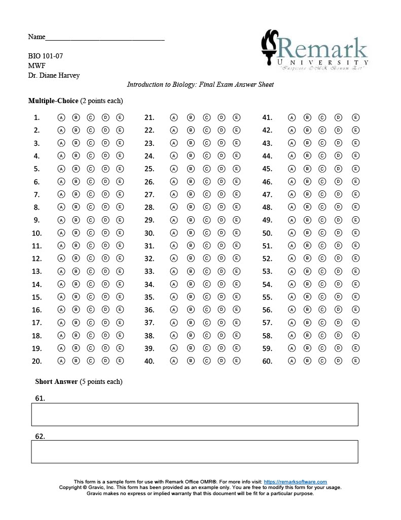 60 Question Test Answer Sheet Remark Software - Free Printable Bubble Answer Sheets