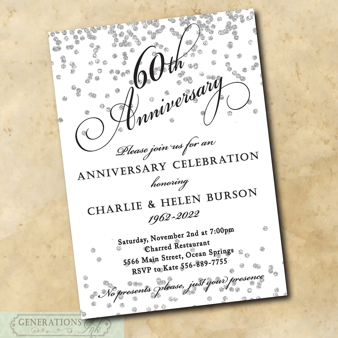 60th Wedding Anniversary Invitation Printable digital File silver 60th Anniversary Surprise Dinner Party wording Can Be Changed Etsy - Free Printable 60Th Wedding Anniversary Invitations