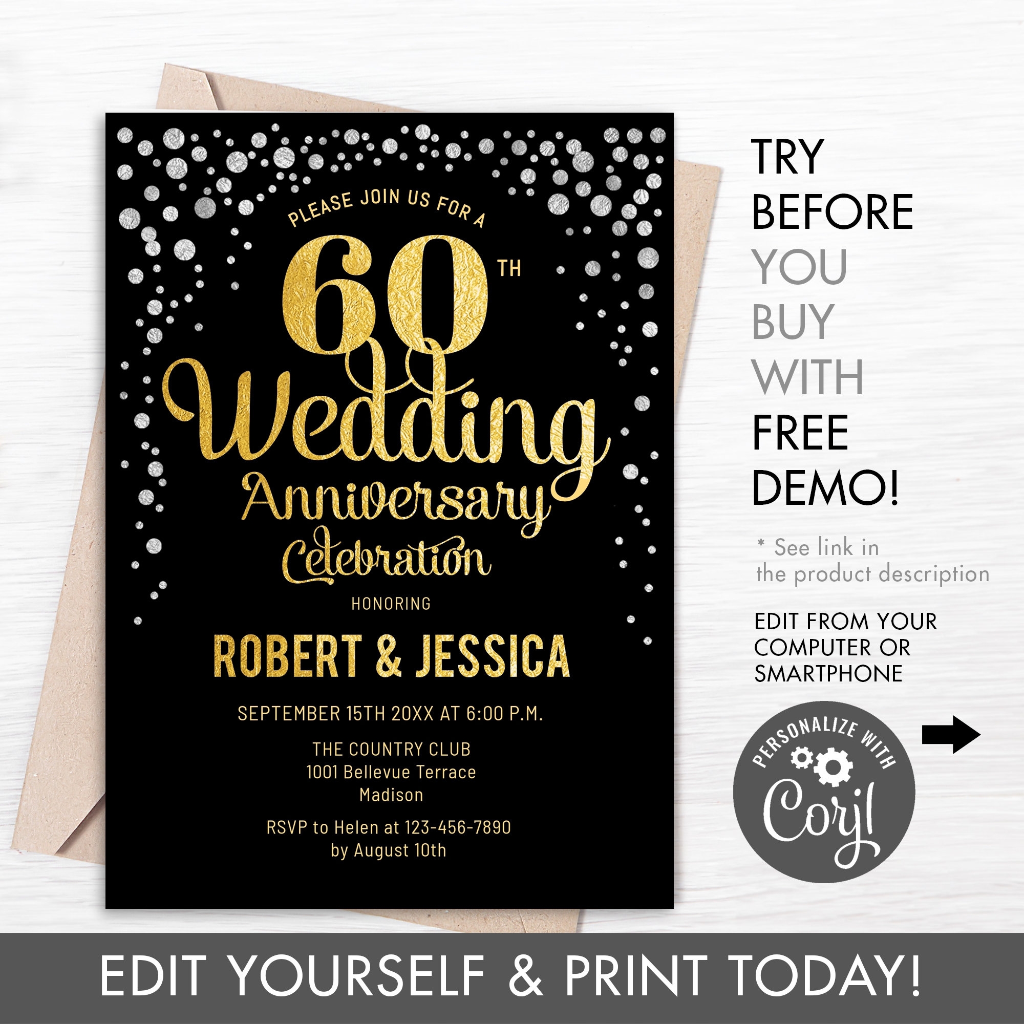 60th Wedding Anniversary Party Invitation INSTANT DOWNLOAD Digital Template ANY Year Of Marriage Glitter Gold Foil Black Etsy - Free Printable 60Th Wedding Anniversary Invitations
