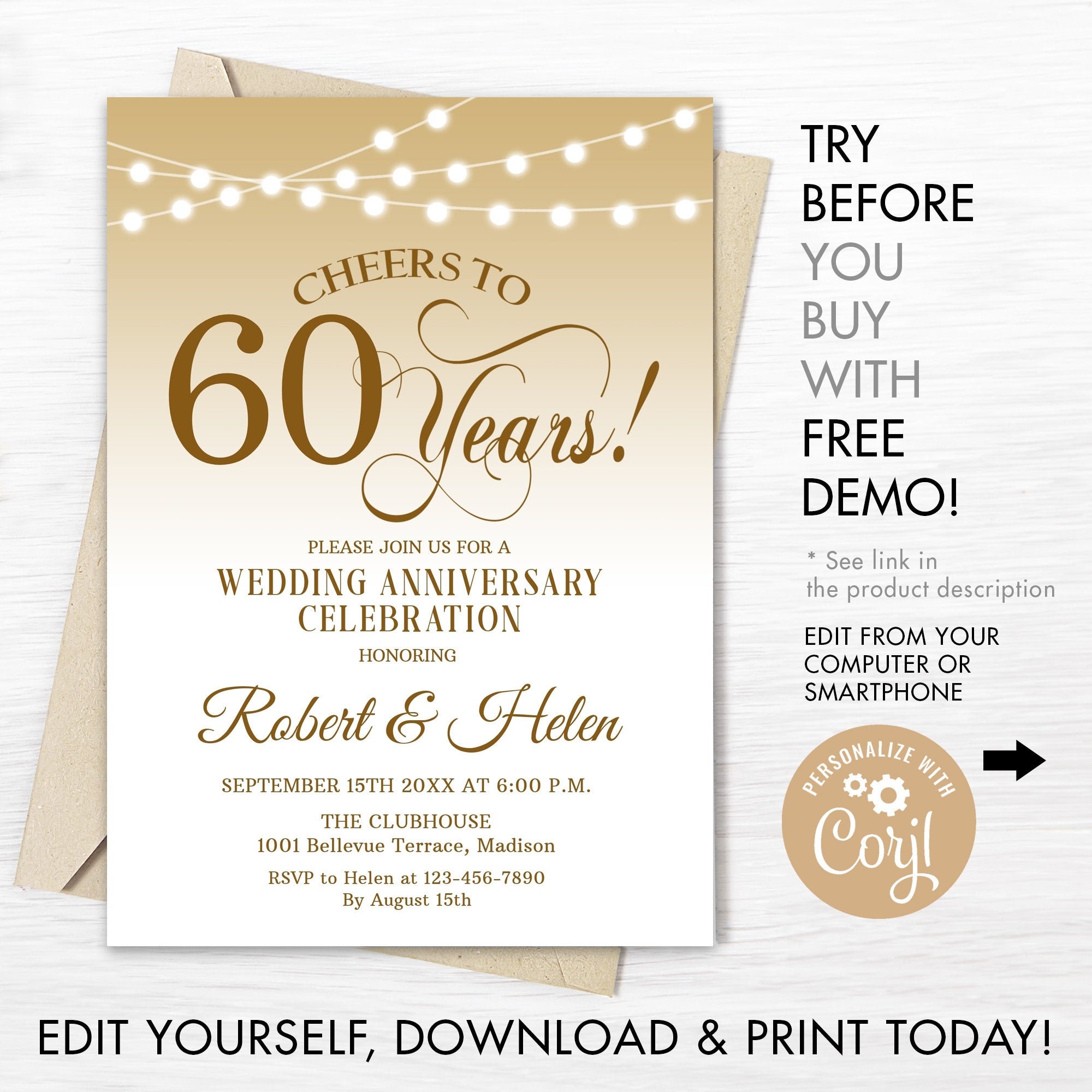 60th Wedding Anniversary Party Invitation INSTANT DOWNLOAD Editable Digital Template Any Years Of Marriage Gold White DIY Etsy - Free Printable 60Th Wedding Anniversary Invitations