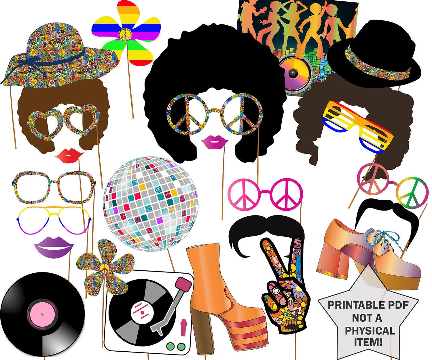 70s Party Photo Booth Props Disco PARTY Props Hippie Party Disco Fever Disco Ball Afro Wig Peace Props 1970s Photo Booth 70 s Theme Prop Etsy - Free Printable 70's Photo Booth Props
