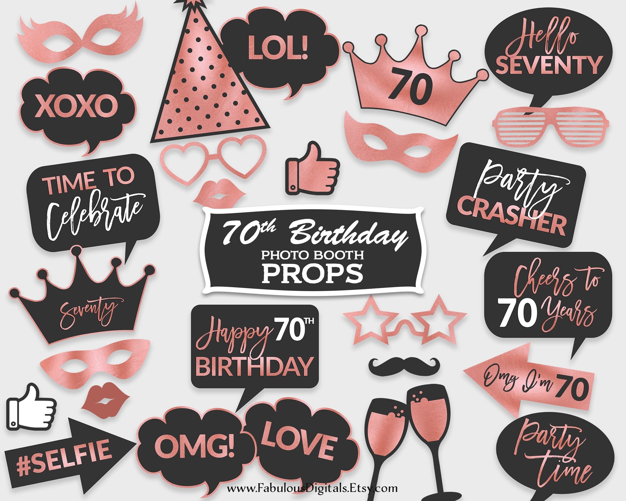 70th Birthday Photo Booth Props Birthday Party Props Black Rose Foil Printable PDF Instant Download RFC Etsy - Free Printable 70's Photo Booth Props