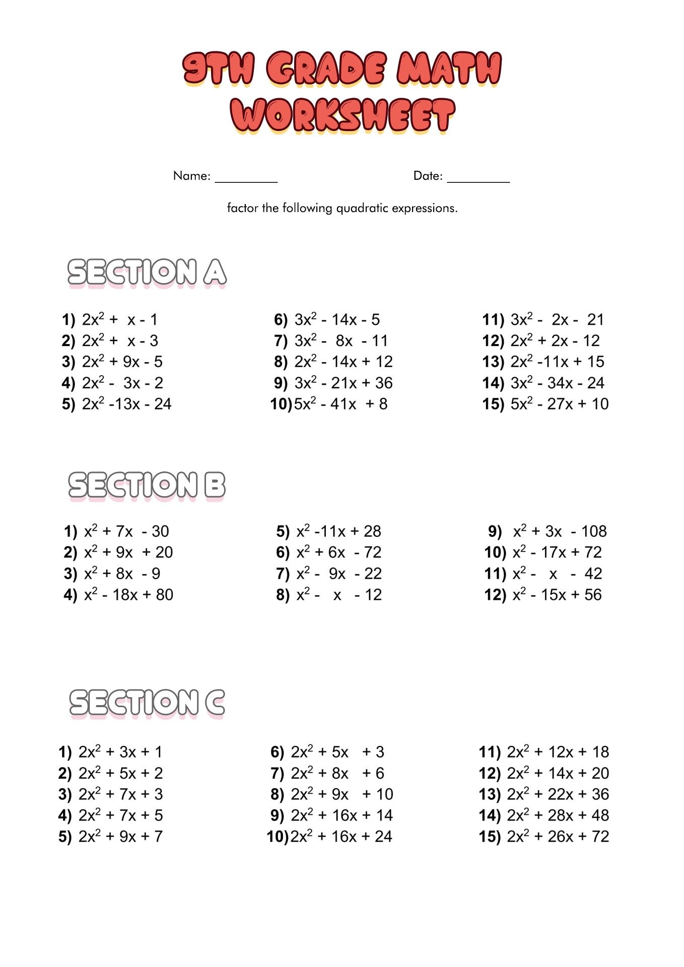 9th Grade Algebra Math Worksheets Printable Printable Math Worksheets 8th Grade Math Worksheets 9th Grade Math - 9th Grade Algebra Worksheets Free Printable