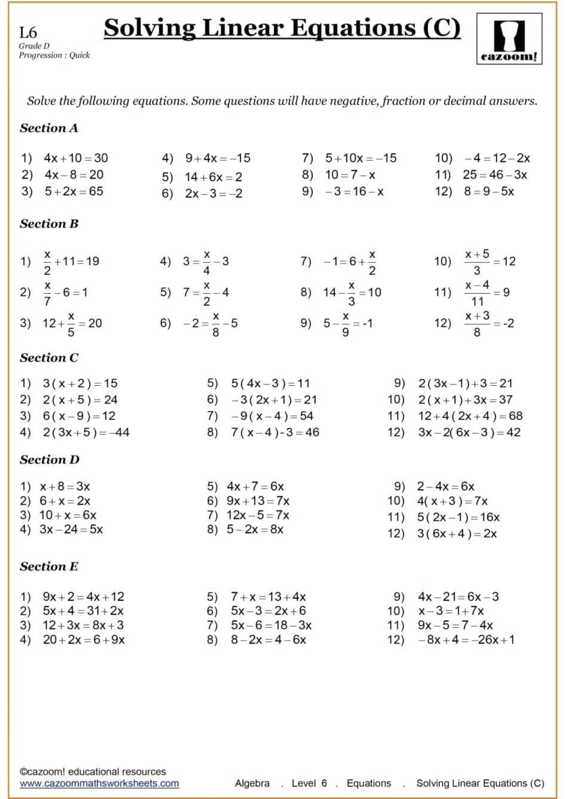 9Th Grade Algebra Worksheets 10th Grade Math Worksheets Solving Linear Equations 10th Grade Math - 9th Grade Algebra Worksheets Free Printable
