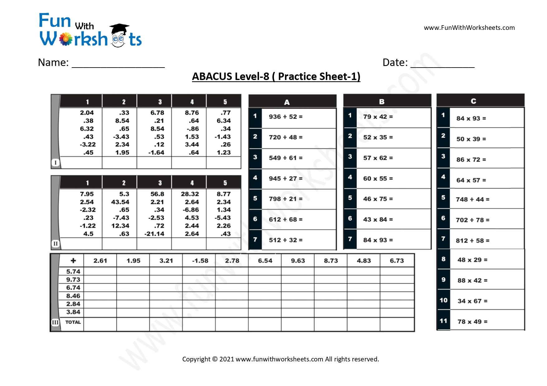Abacus Practice Worksheets Level 8 Funwithworksheets - Free Printable Abacus Worksheets