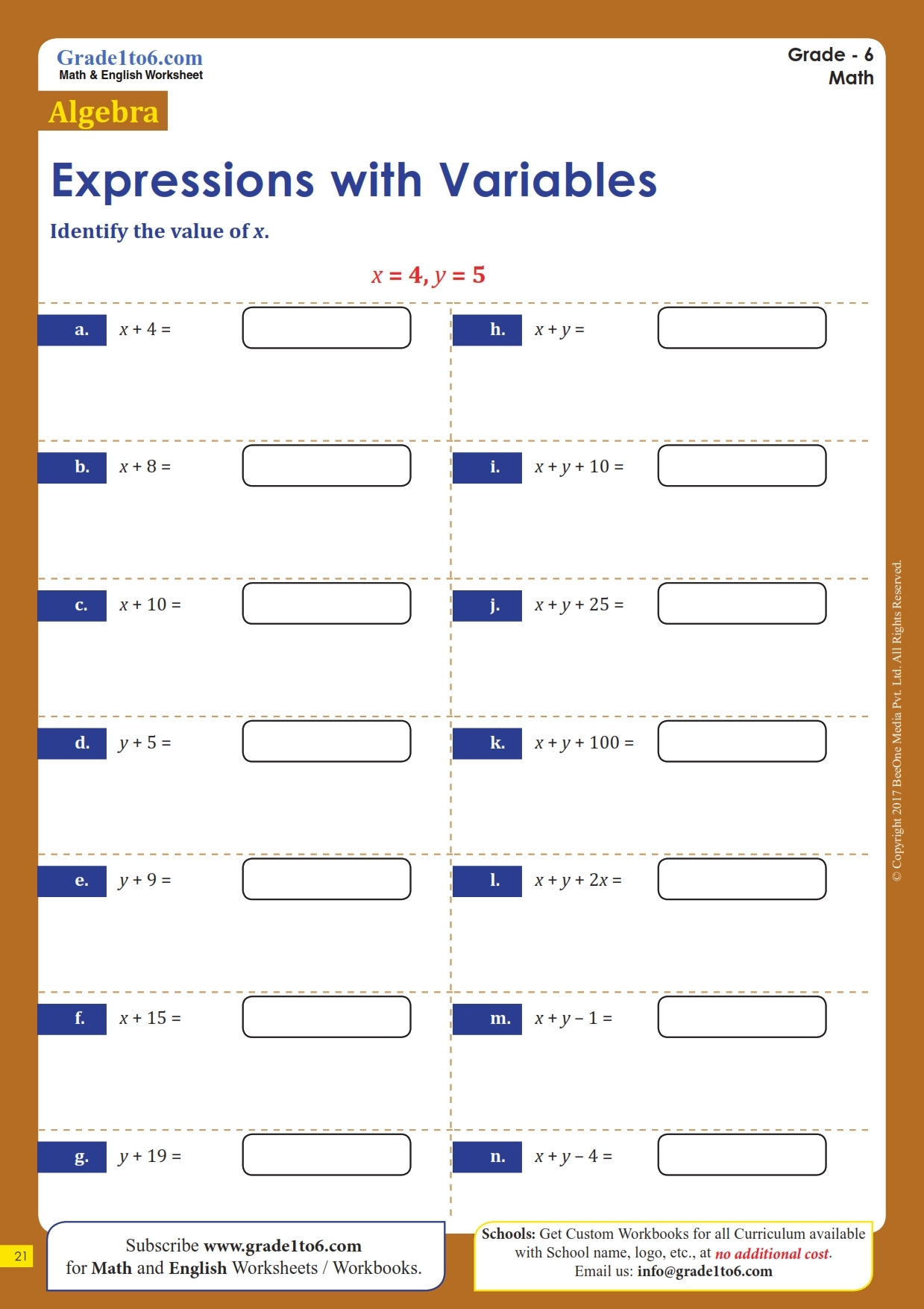 Algebraic Expressions Worksheets Grade1to6 - Free Printable Algebra Worksheets Grade 6
