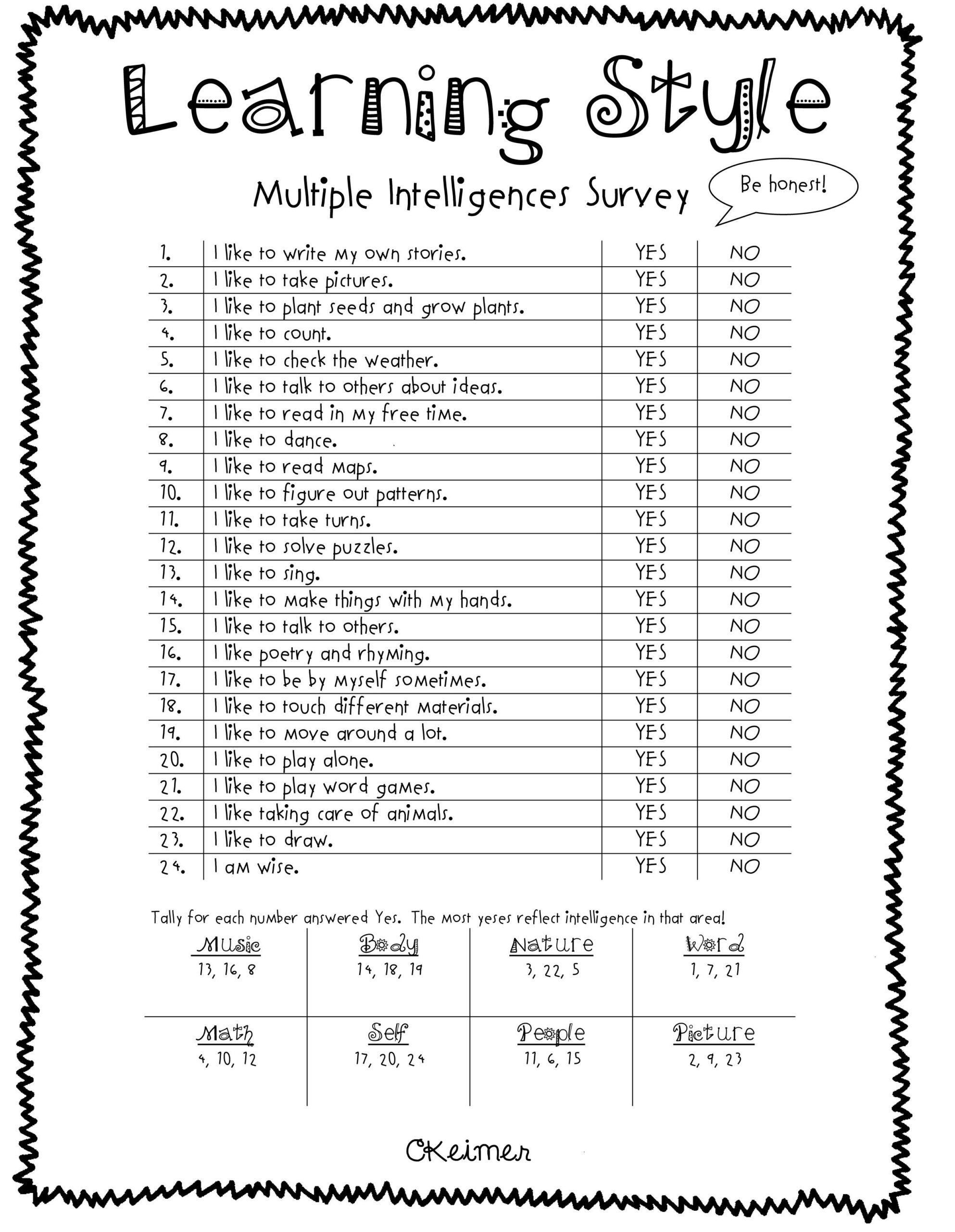 All About Me Activities A Multiple Intelligences Assessment Multiple Intelligences Student Survey Learning Styles - Free Learning Style Inventory For Students Printable
