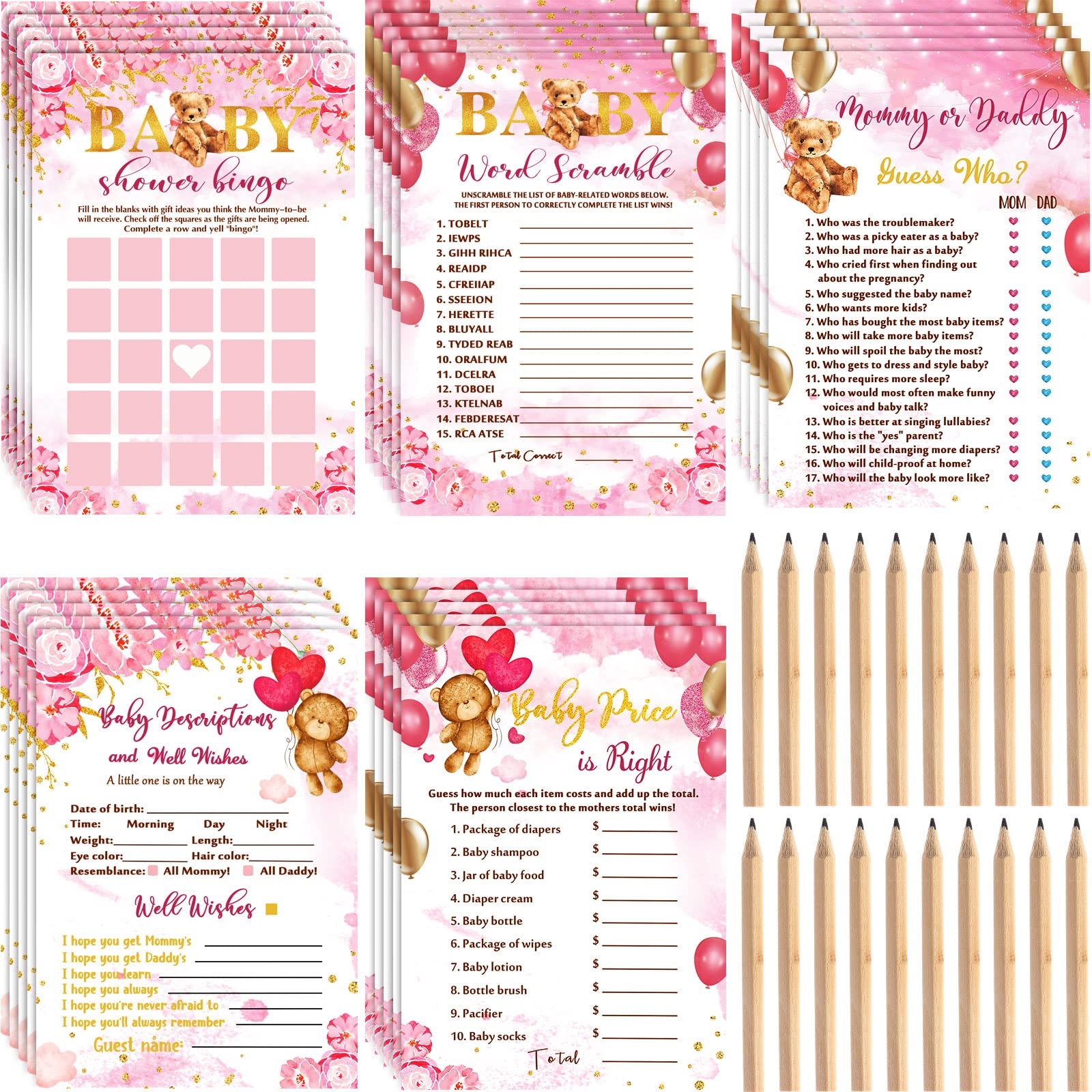 Amazon Bear Baby Shower Games For Boy Or Girl 5 Game Activities 125 Pcs Cards Includes Baby Bingo Description And Well Wishes Guess Who Baby Price Is Right Word Scramble Game Pink - Free Printable Baby Shower Games In Spanish