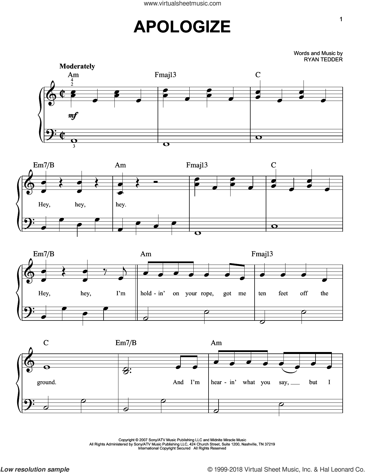 Apologize beginner Sheet Music For Piano Solo PDF - Apologize Piano Sheet Music Free Printable