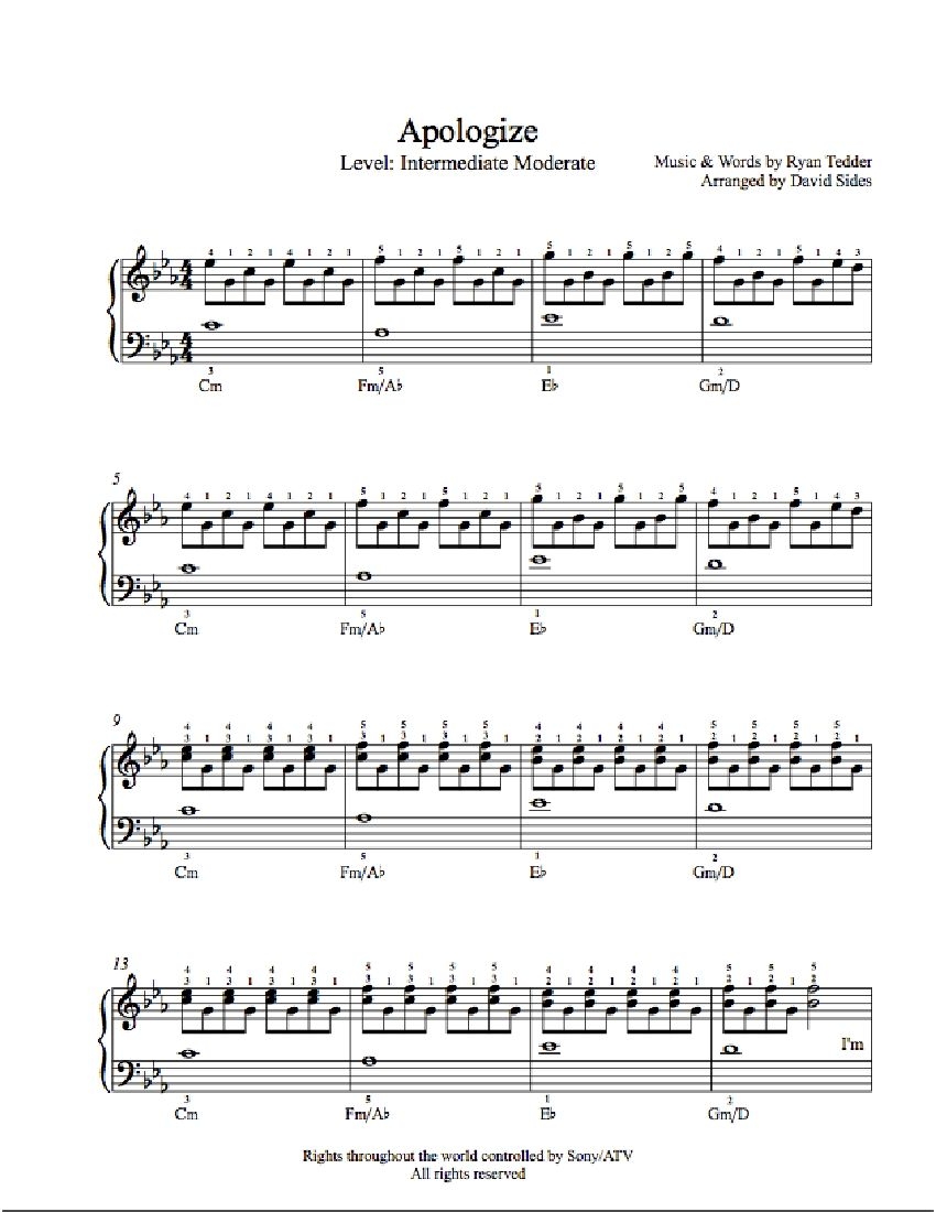 Apologize By One Republic Piano Sheet Music Intermediate Level Piano Sheet Music Piano Music Sheet Music - Apologize Piano Sheet Music Free Printable