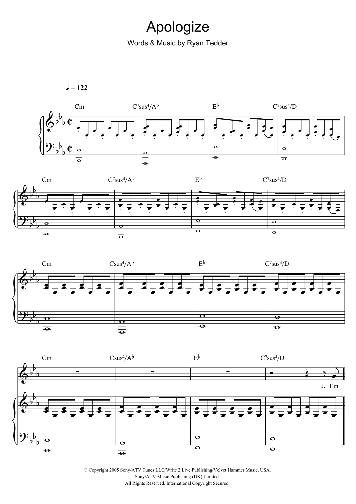 Apologize Sheet Music OneRepublic Piano Vocal Guitar Chords - Apologize Piano Sheet Music Free Printable