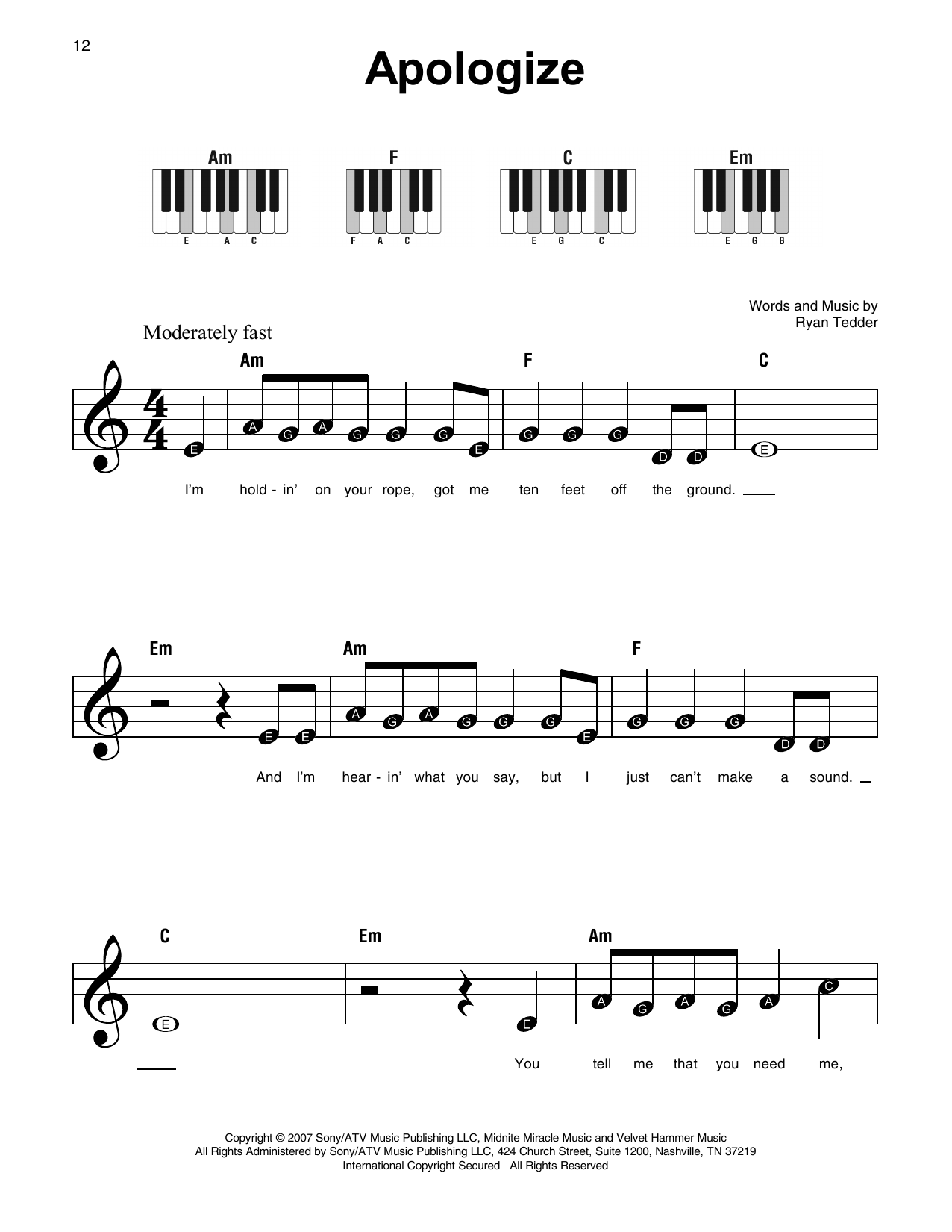 Apologize Sheet Music Timbaland Featuring OneRepublic Super Easy Piano - Apologize Piano Sheet Music Free Printable