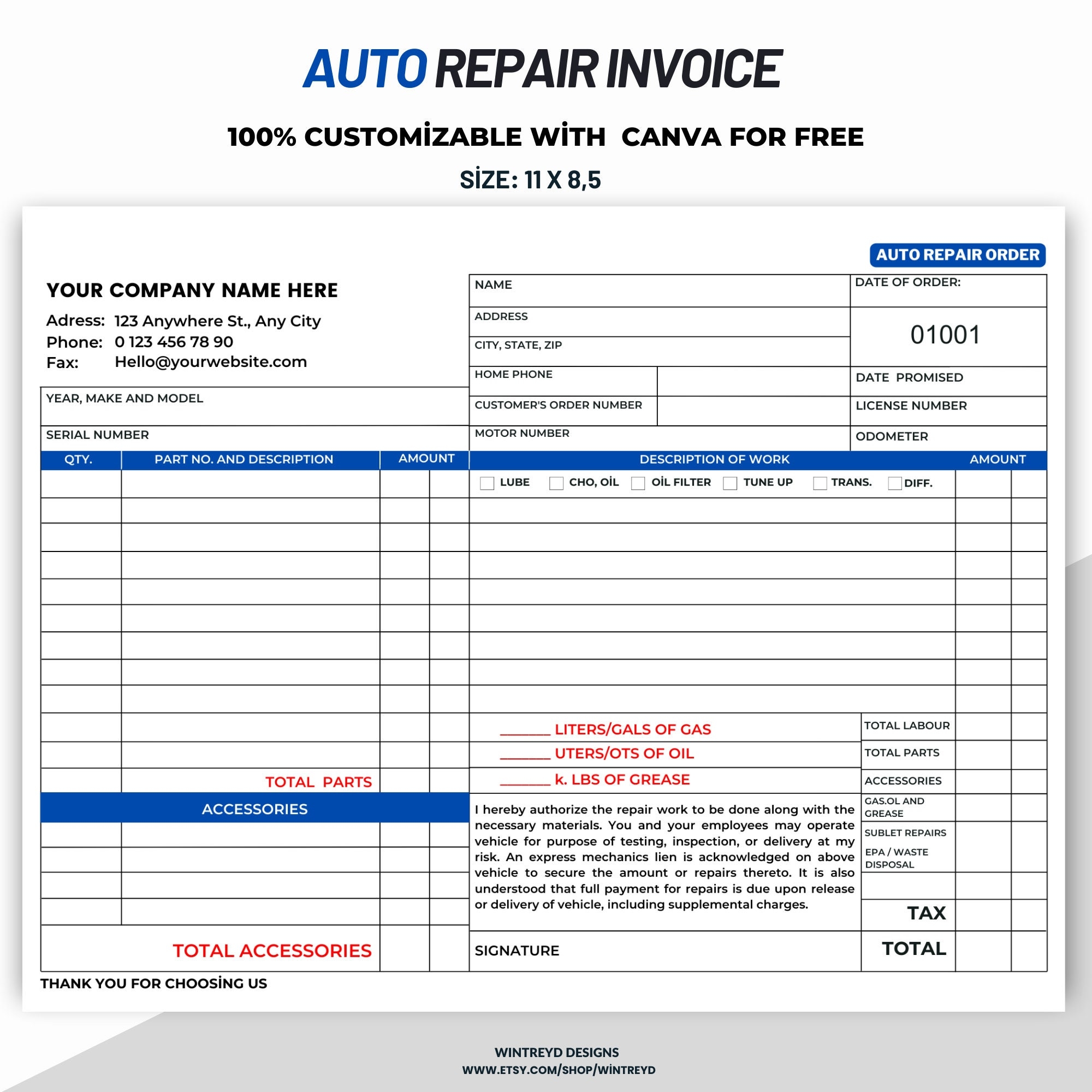 Free Printable Auto Repair Invoice Template Free Printable Hub 6535