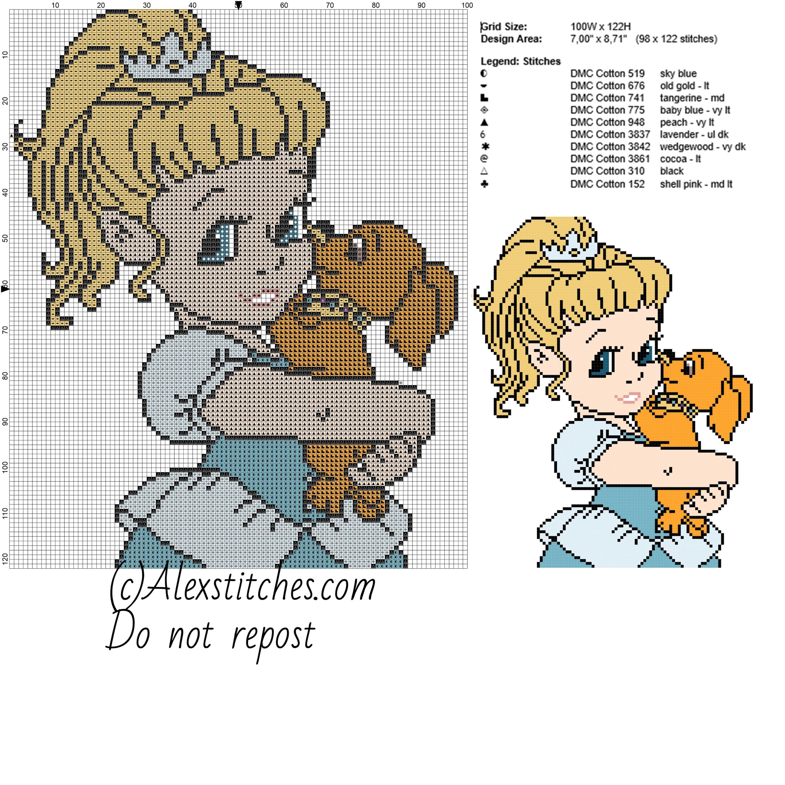 Baby Disney Princess Cinderella With Dog Free Cross Stitch Pattern 100x122 10 Colors Free Cross Stitch Patterns By Alex - Baby Cross Stitch Patterns Free Printable