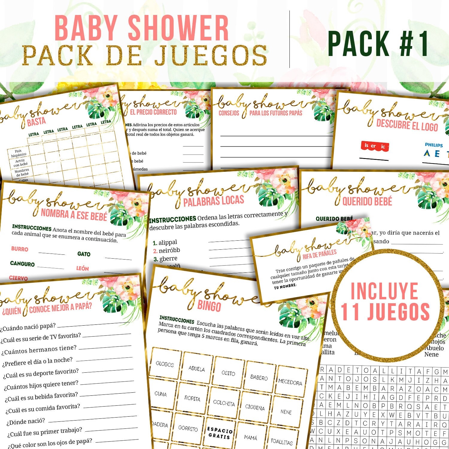 Baby Shower Games In Spanish Printable Games For Baby Shower In Spanish For Baby Girl Pink Flowers Tropical Baby Shower Etsy - Free Printable Baby Shower Games In Spanish