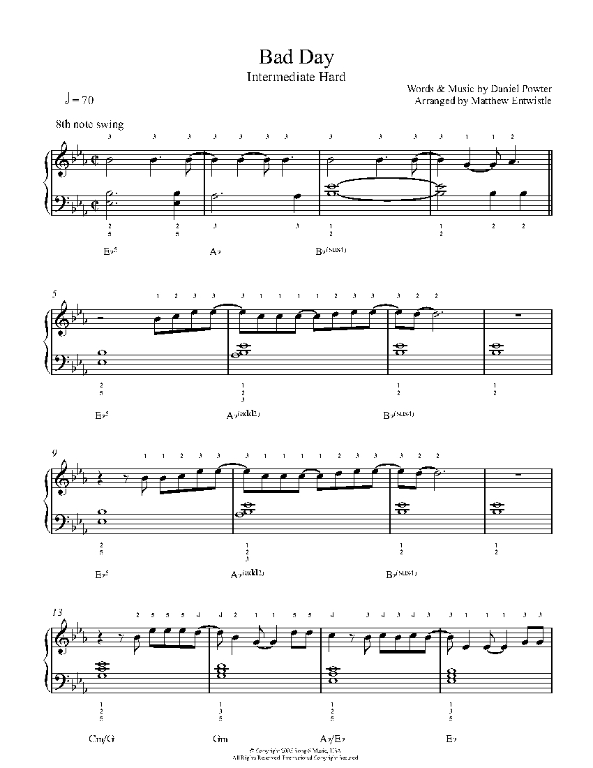 Bad Day By Daniel Powter Sheet Music Lesson Intermediate Level - Bad Day Piano Sheet Music Free Printable