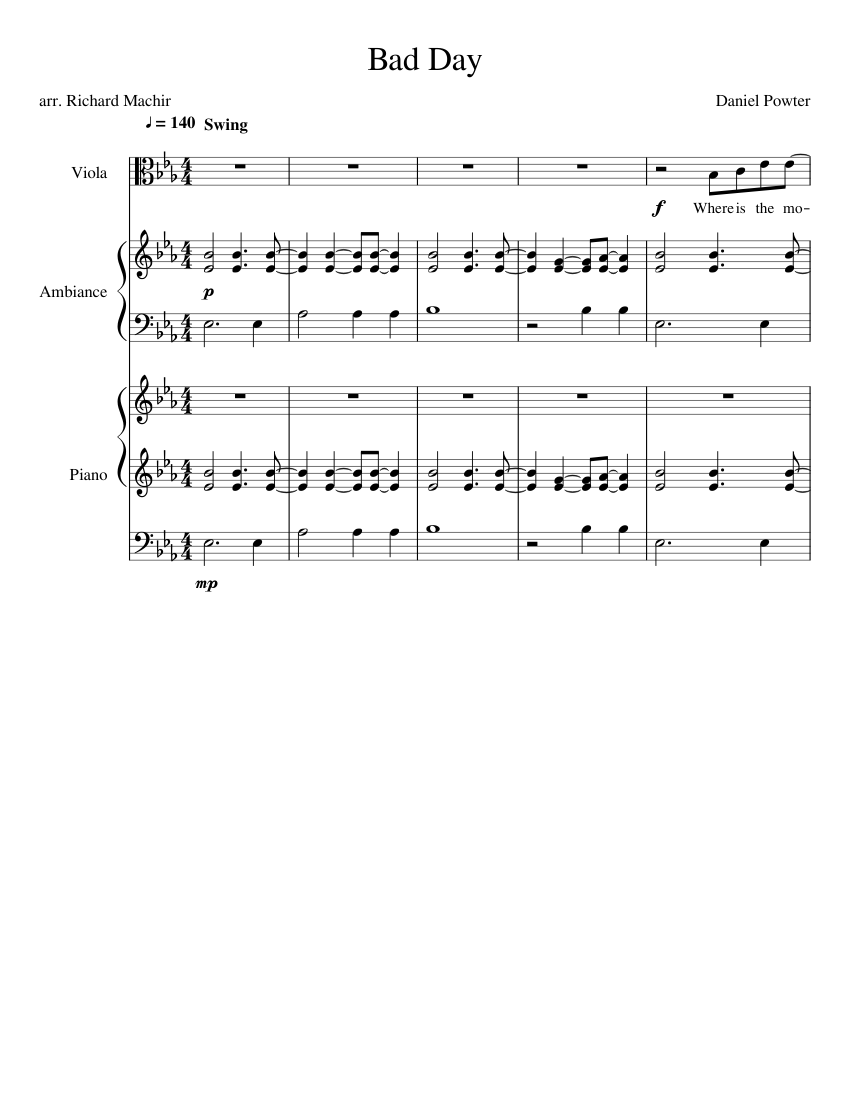 Bad Day Daniel Powter Sheet Music For Piano Viola Mixed Trio Musescore - Bad Day Piano Sheet Music Free Printable