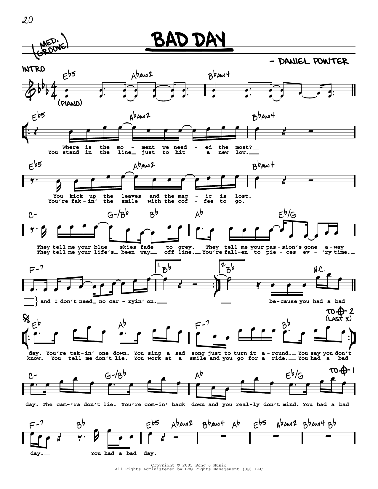 Bad Day Sheet Music Daniel Powter Real Book Melody Lyrics Chords - Bad Day Piano Sheet Music Free Printable
