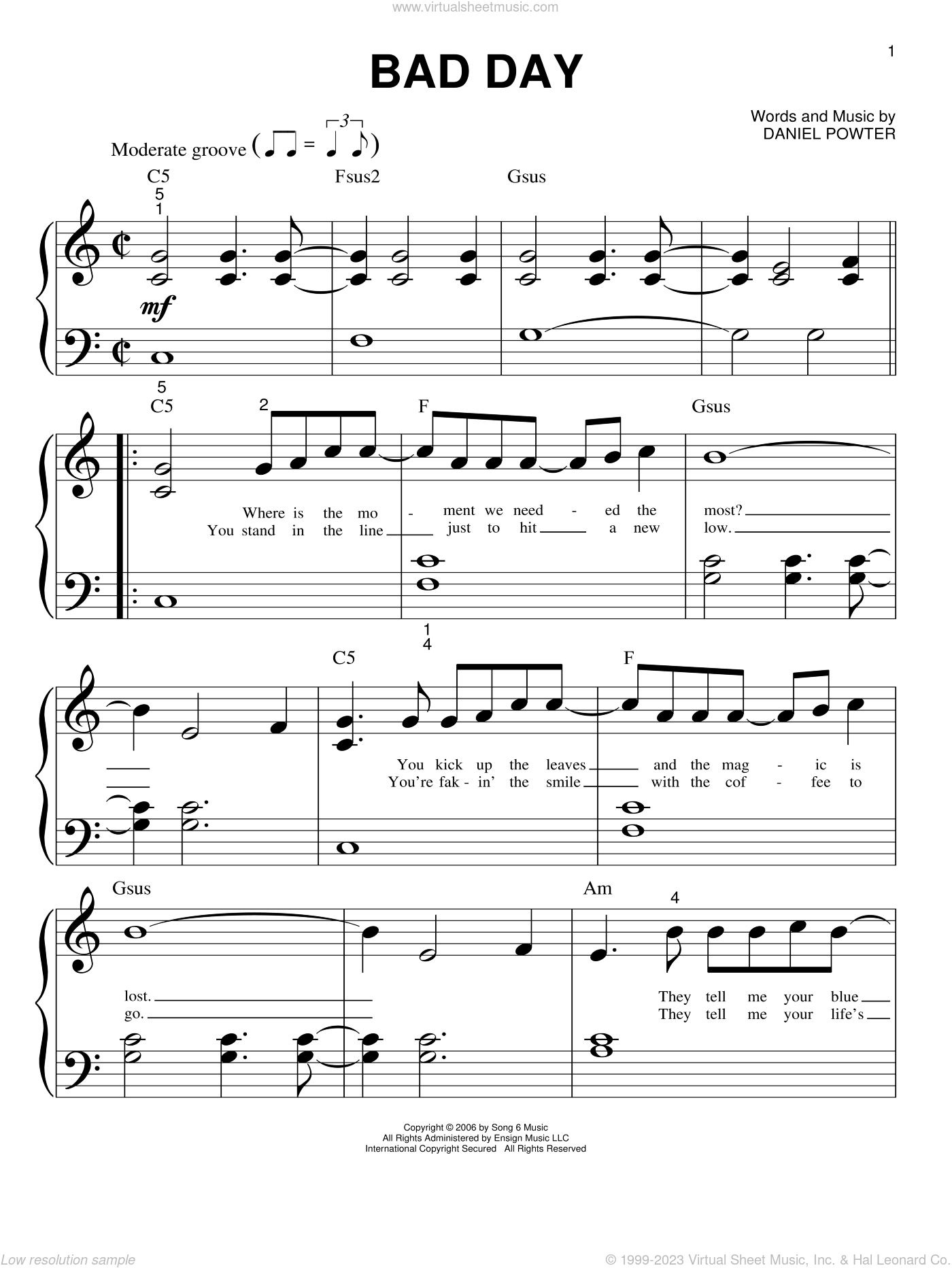 Bad Day Sheet Music For Piano Solo big Note Book PDF - Bad Day Piano Sheet Music Free Printable