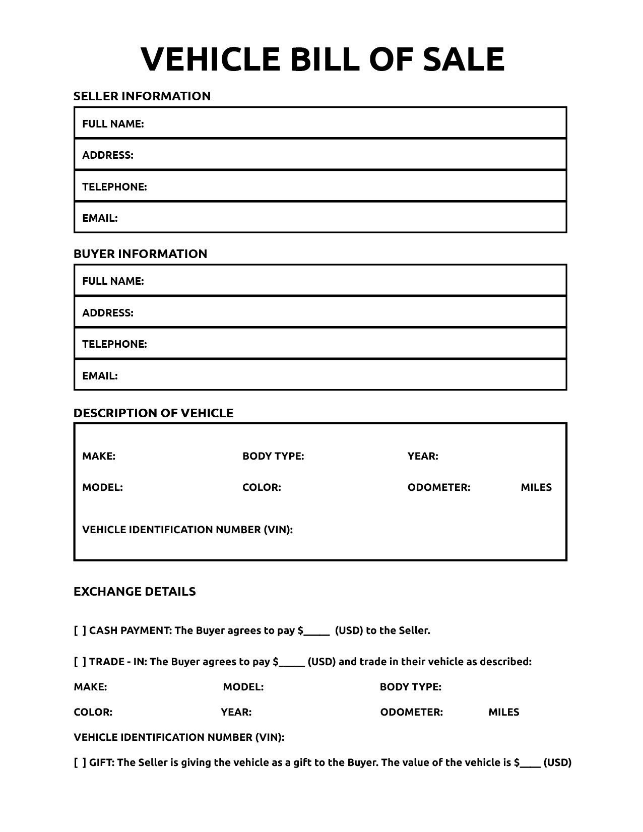 Bill Of Sale For Vehicle Bill Of Sale Template Car Purchase Bill Of Sale Car - Free Printable Blank Auto Bill of Sale
