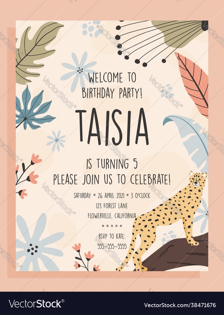 Birthday Party Invite Template Tropical Cheetah Vector Image - Free Printable Cheetah Birthday Invitations