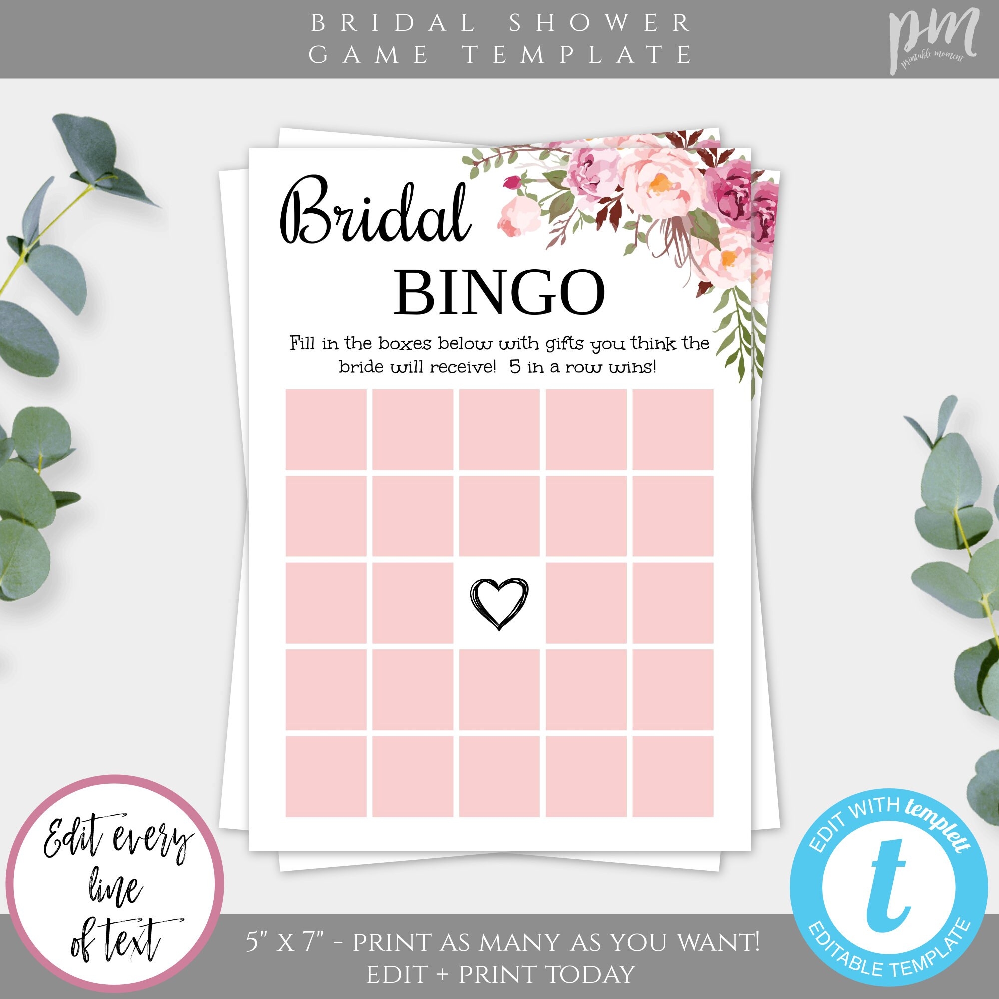 Bridal Shower Bingo Game Template Boho Bridal Shower Instant Download Pink Floral Bridal Shower Game Bingo Card Bridal Bingo WSBH Etsy - Free Printable Bridal Shower Blank Bingo Games
