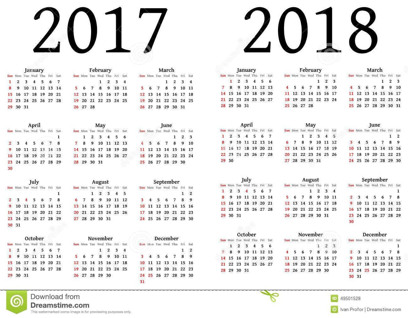 Calendar For 2017 And 2018 Stock Vector Image 49501528 Calendar Printables Free Printable Calendar Templates Printable Calendar Template - Free Printable Agenda 2017