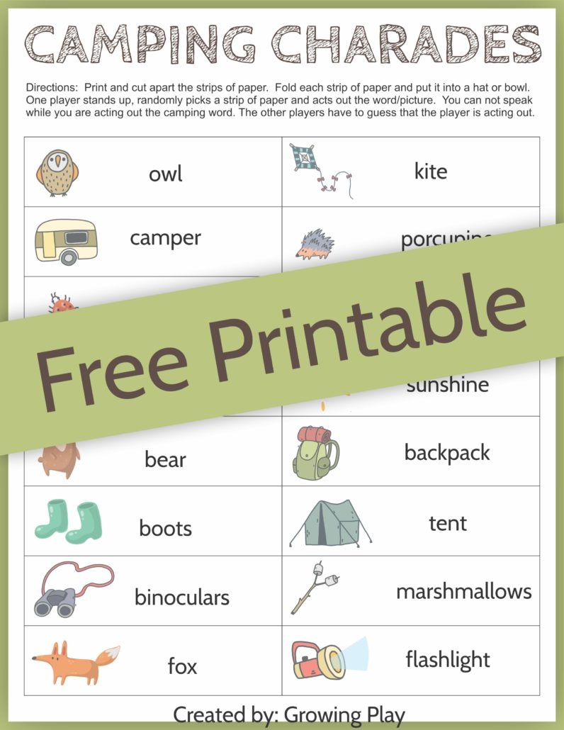Camping Charades Game For Kids Free Printable Growing Play - Free Printable Charades Cards