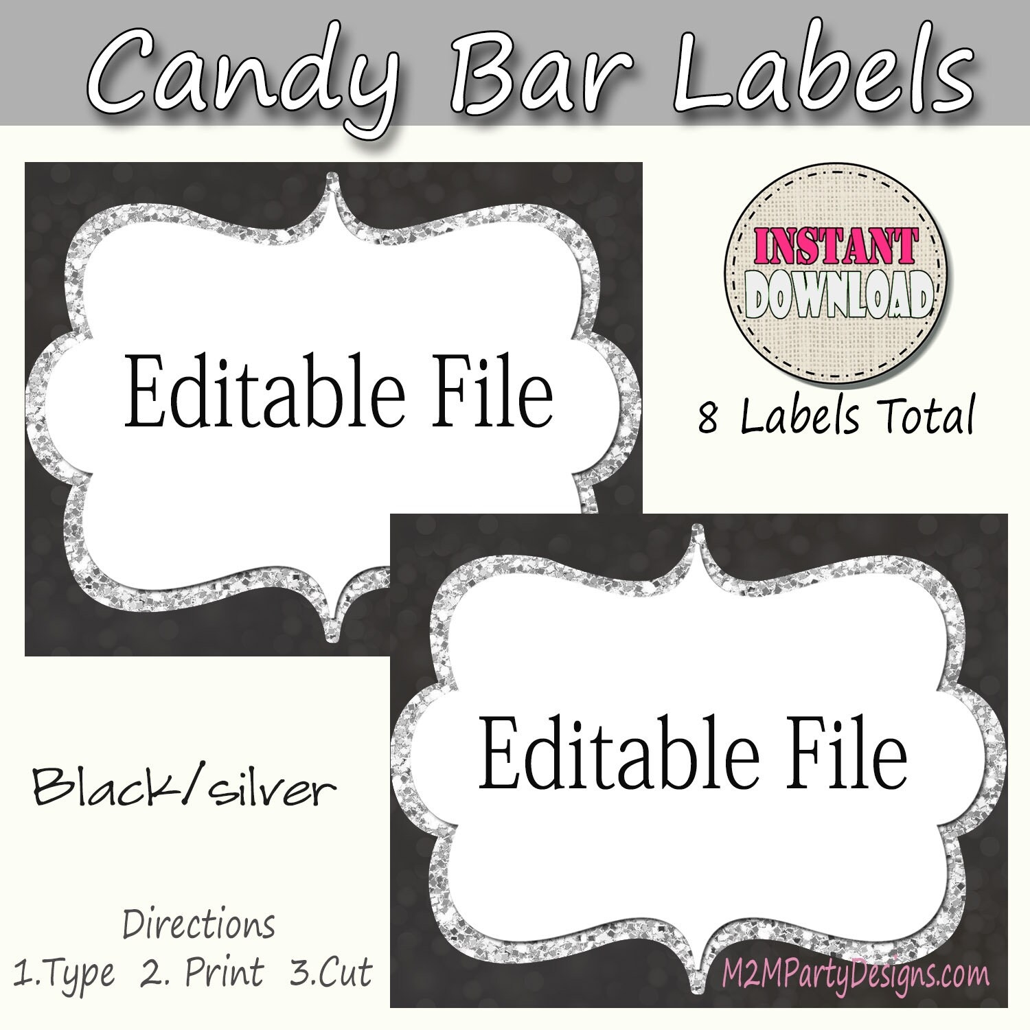 Candy Buffet Labels Black Silver Print EDITABLE Card Candy Popcorn Snack Ice Cream Cookie Buffet Labels Instant Download Etsy - Free Printable Candy Buffet Labels Templates
