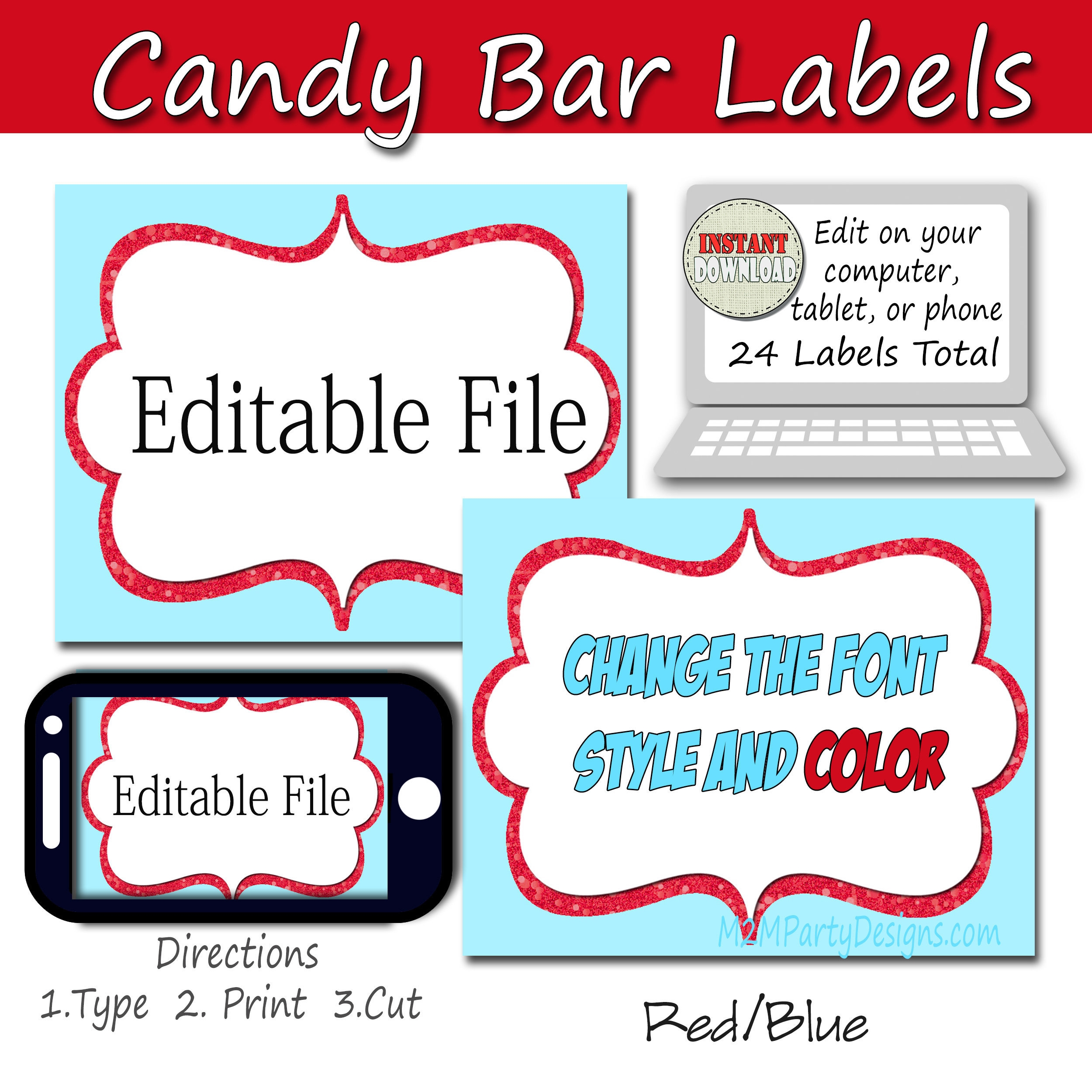 Candy Buffet Labels Red Blue Print EDITABLE Card Candy Popcorn Snack Ice Cream Cookie Buffet Labels Instant Download Set Of 24 Etsy - Free Printable Candy Buffet Labels Templates