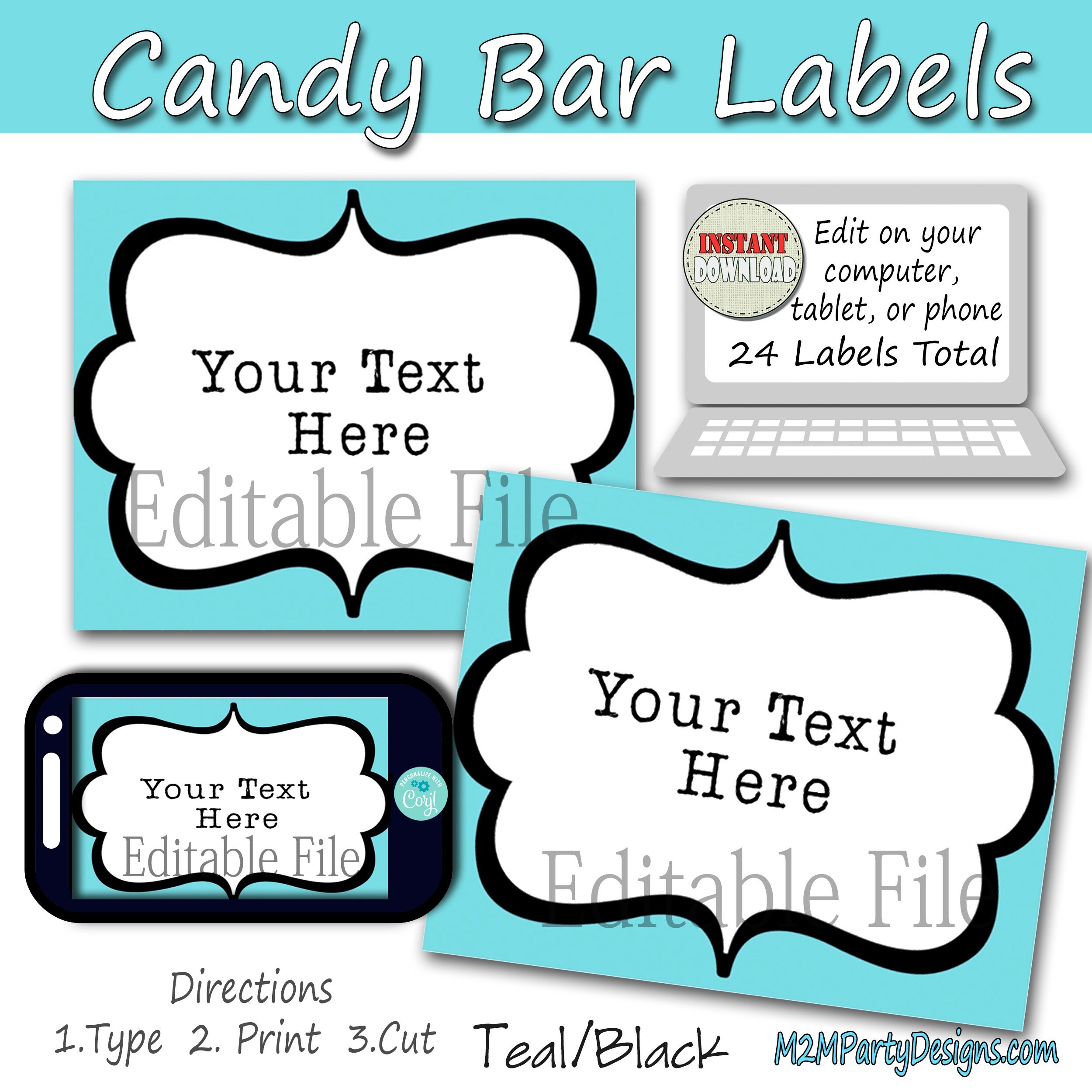 Candy Buffet Labels Teal And Black Print EDITABLE Card Candy Popcorn Snack Ice Cream Cookie Buffet Labels Instant Download Etsy - Free Printable Candy Buffet Labels Templates