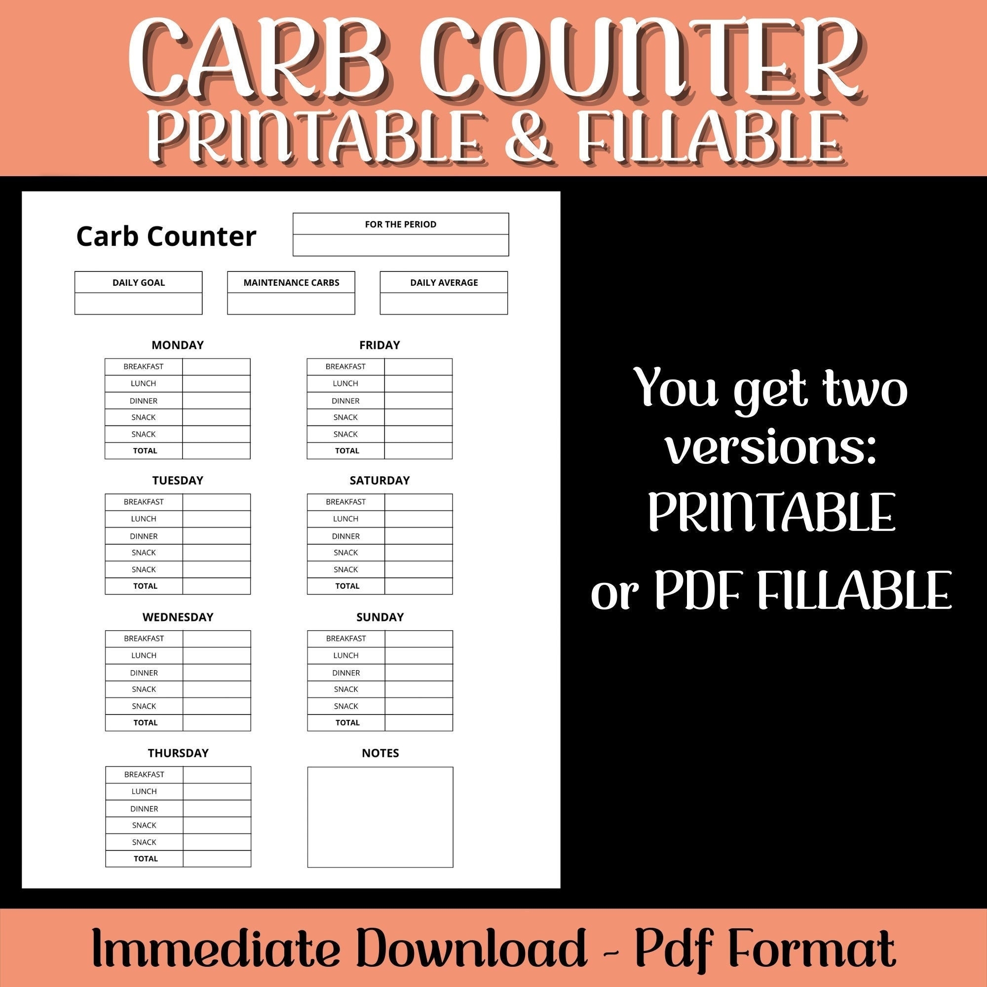 Carb Counter Fillable Printable Carbs Tracker Keto Diet Tracker Printable Diet Log Diet Tracker Etsy - Free Printable Carb Counter Chart