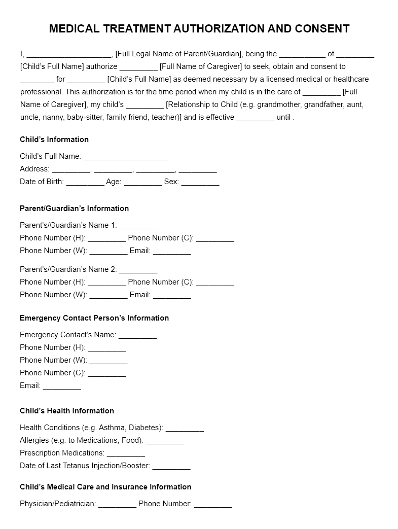 Child Medical Consent Form - Free Printable Child Medical Consent Form