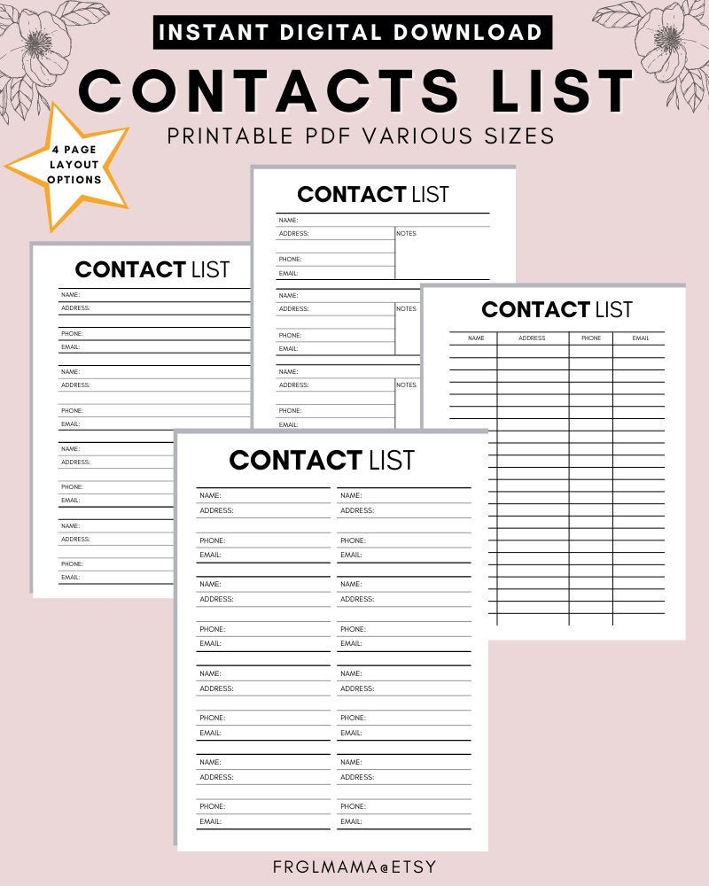 Contact List Printable Address Book Printable Address Log Printable Contacts Page Printable Minimal Letter Size PDF Instant Download Etsy - Free Printable Address Book Pages